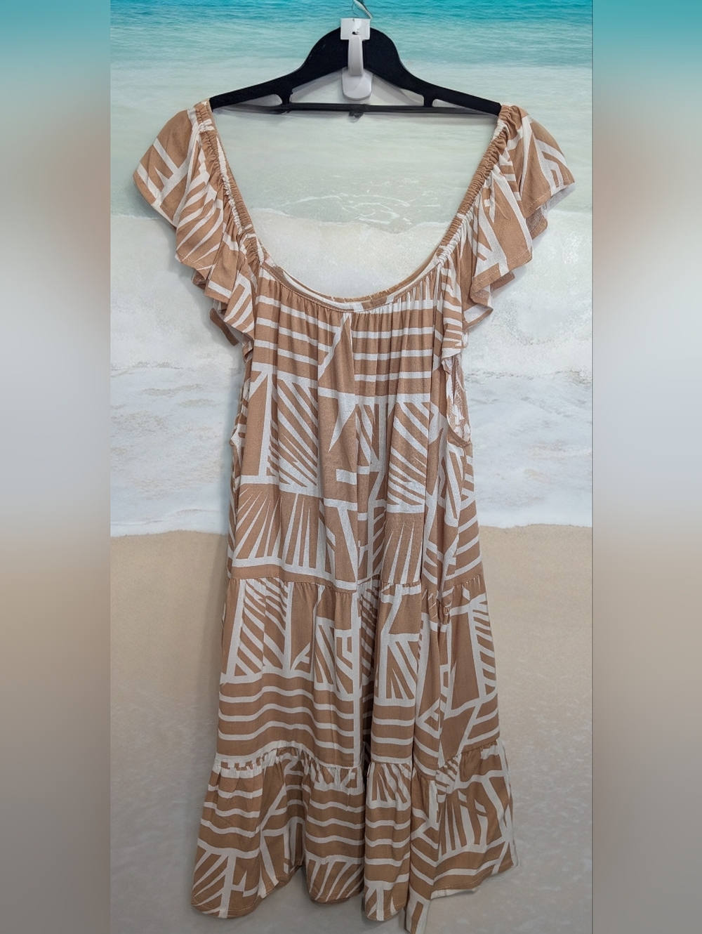 Boho Tiered Midi Dress in Beige & White